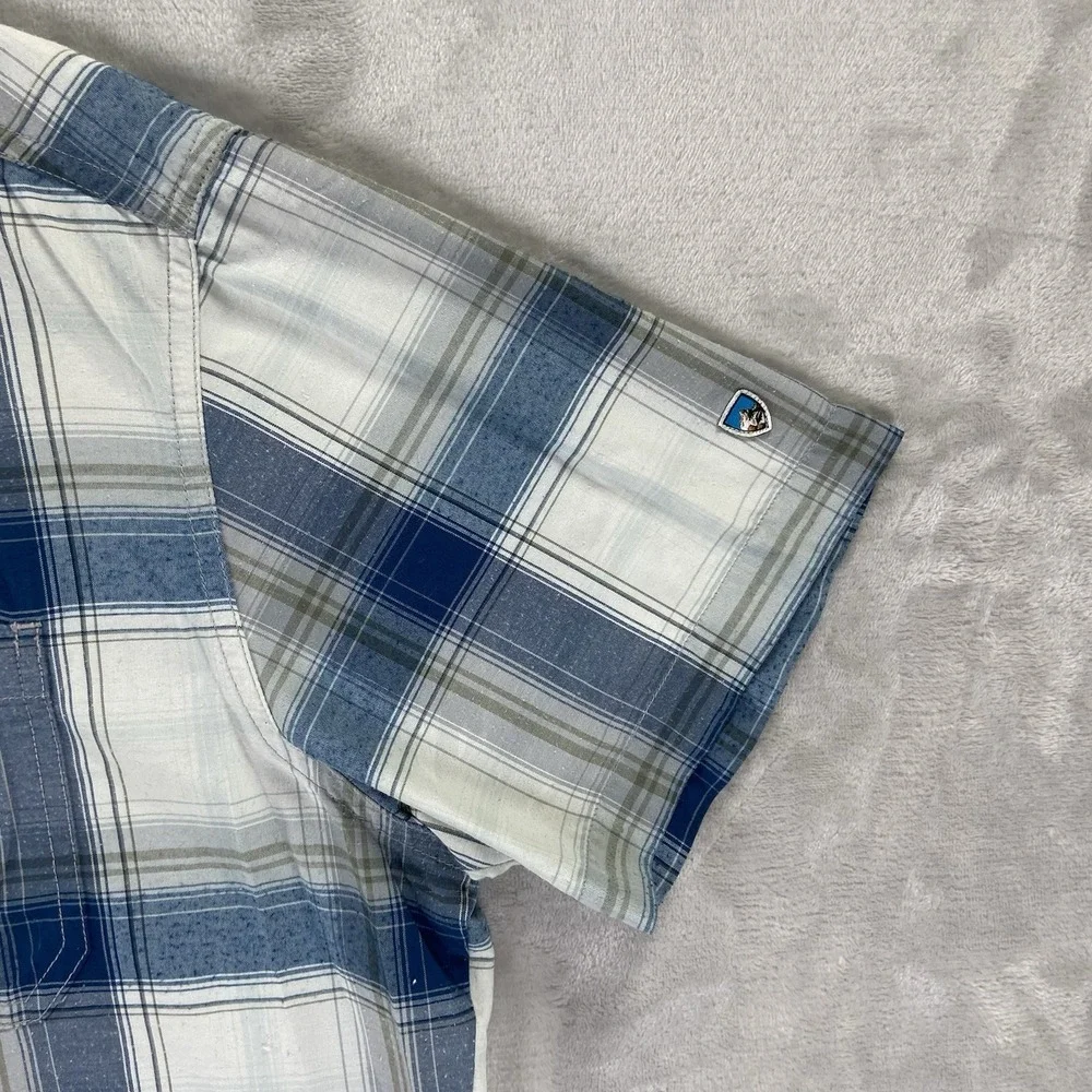 KUHL Shirt Mens Large Button Up STYK Tapered Fit Blue Plaid Short Sleeve Outdoor